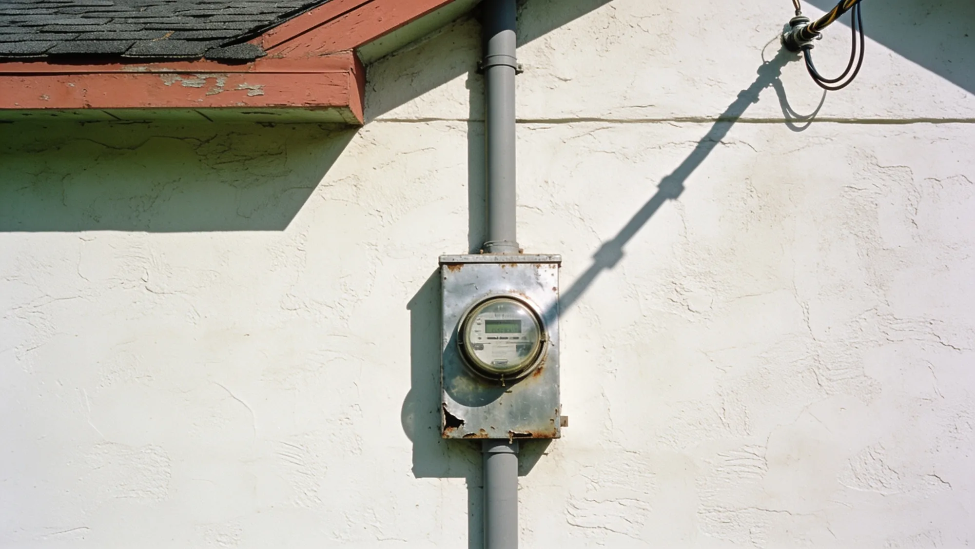 An electricity meter and service mast on a stucco wall in hard sunlight.
