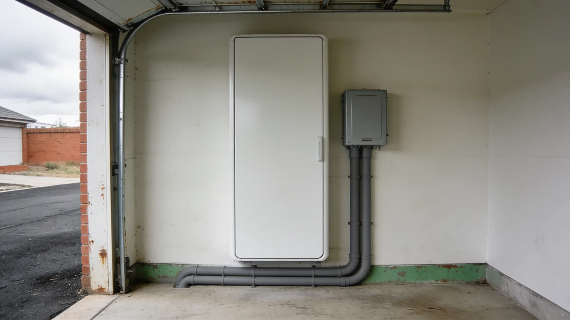 A home battery and disconnect mounted on a garage wall, storm light outside.