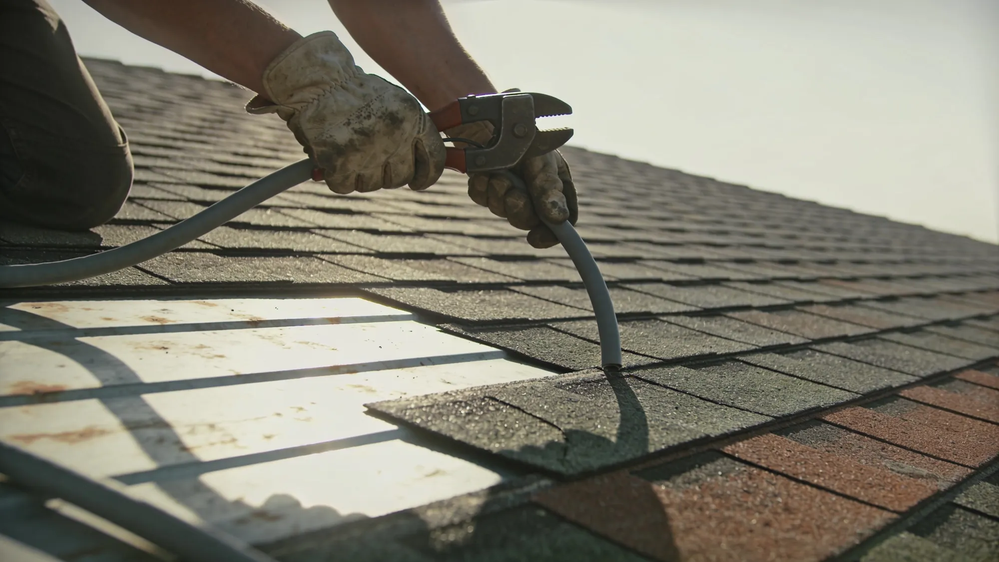 Gloved hands running conduit through roof shingles with pliers.