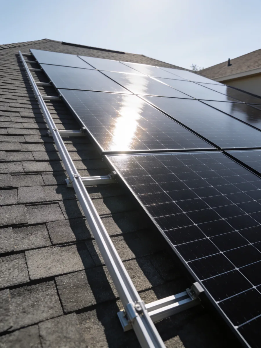 New black solar panels on aluminium rails across a grey shingle roof, low sun on the glass.